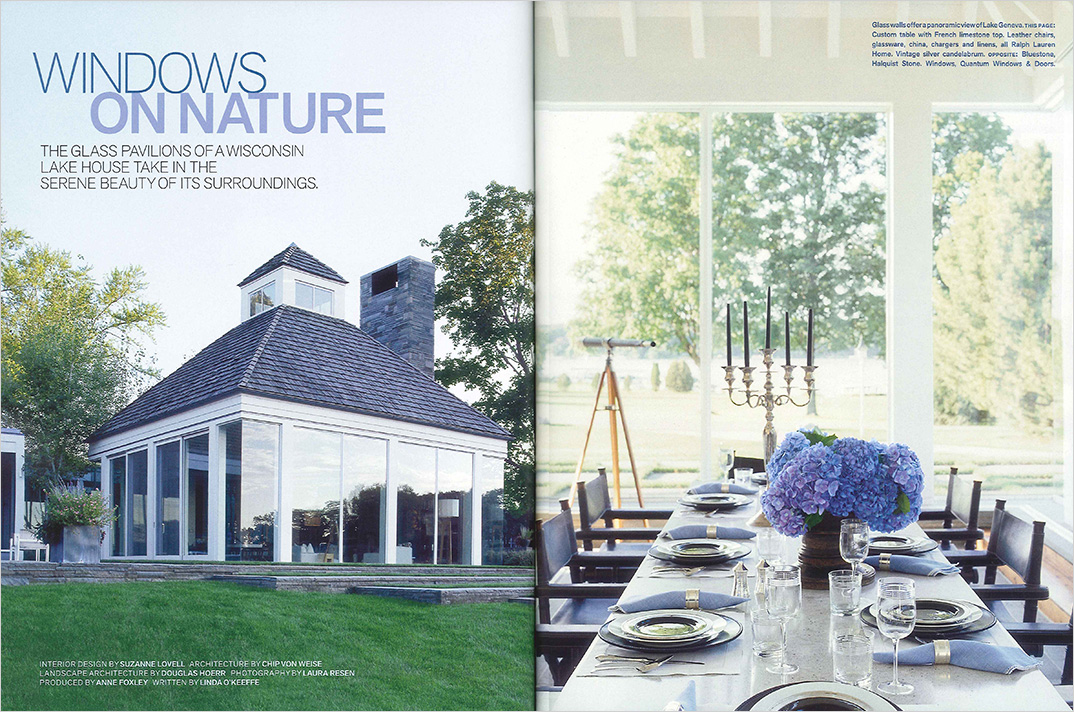 Magazine spread showing great room exterior and interior