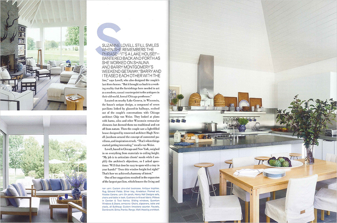 Magazine spread showing great room, porch and kitchen