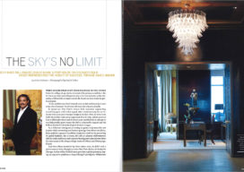 Magazine spread showing portrait of Shahid Khan and his library in his Chicago penthouse