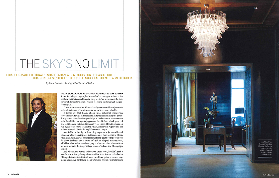 Magazine spread showing portrait of Shahid Khan and his library in his Chicago penthouse