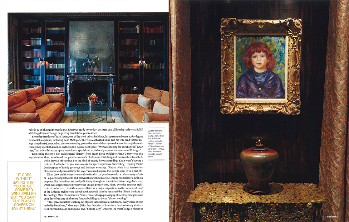 Magazine spread showing great room and a painting by Renoir in Shahid Khan's Chicago penthouse