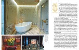 Magazine spread showing primary bath shower room, and dining room with painting by Cecily Brown, in Shahid Khan's Chicago penthouse