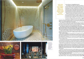 Magazine spread showing primary bath shower room, and dining room with painting by Cecily Brown, in Shahid Khan's Chicago penthouse