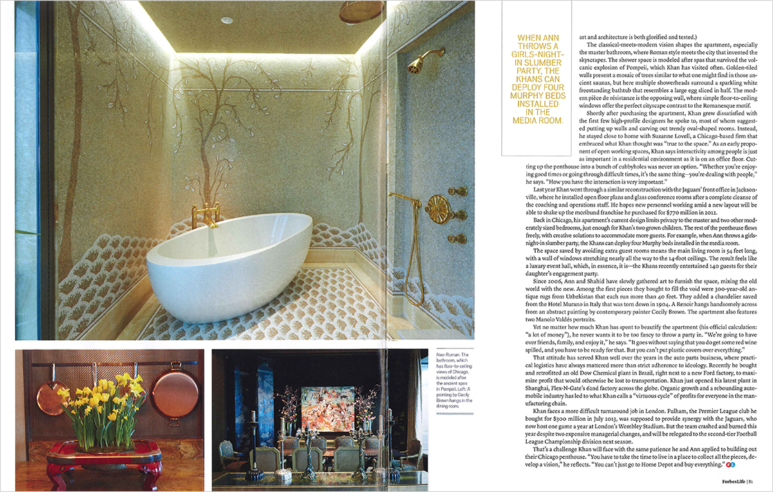 Magazine spread showing primary bath shower room, and dining room with painting by Cecily Brown, in Shahid Khan's Chicago penthouse