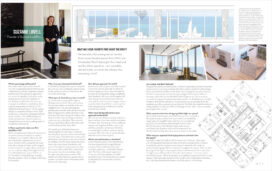 Magazine spread showing designer Suzanne Lovell's plans for a penthouse in the St. Regis Chicago, formerly Wanda Vista Tower