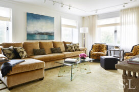 Fifth Avenue Pied-à-Terre living room with sectional sofa upholstered in silk velvet