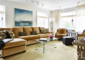 Fifth Avenue Pied-à-Terre living room with sectional sofa upholstered in silk velvet