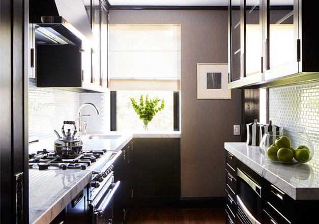 Fifth Avenue Pied-à-Terre galley kitchen in black and white palette