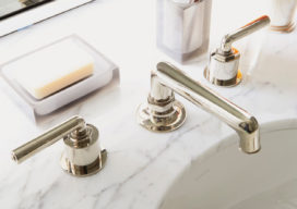 Detail of bathroom sink with hardware in Nickel from Waterworks and polished Statuary