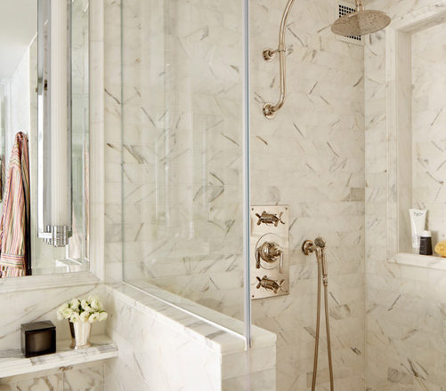 Fifth Avenue Pied-à-Terre bathroom shower detail featuring octagonal micro mosaic tile