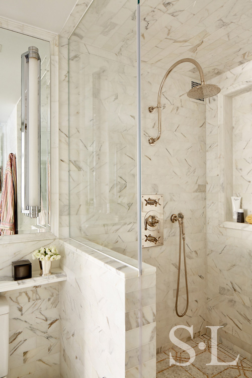 Fifth Avenue Pied-à-Terre bathroom shower detail featuring octagonal micro mosaic tile