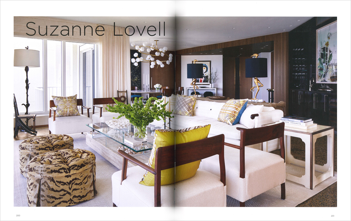 Book spread showing light and bright living room in Naples, FL penthouse designed by Suzanne Lovell Inc.