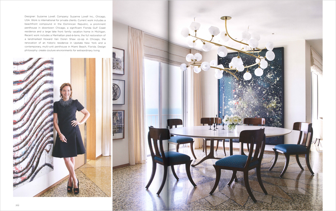 Book spread portrait of Suzanne Lovell and dining room featuring artwork by Ori Gersht in Naples, FL penthouse