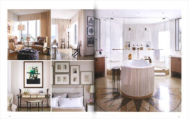 Book spread showing multiple rooms in Naples, FL penthouse designed by Suzanne Lovell, including master bath with soaking tub