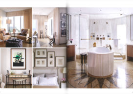Book spread showing multiple rooms in Naples, FL penthouse designed by Suzanne Lovell, including master bath with soaking tub