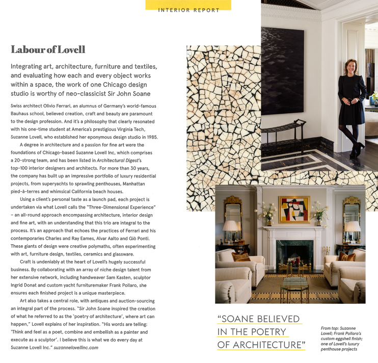 Magazine layout showing Suzanne Lovell and various interiors she has designed