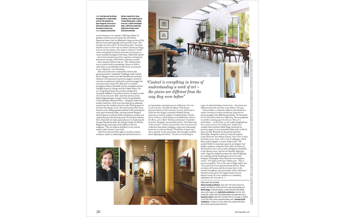 WSJ Financial Times magazine spread featuring 2 residences designed to showcase fine art collections, including work by interior designer Suzanne Lovell