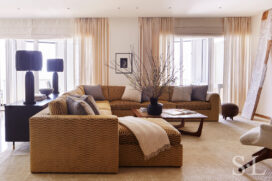 Family room with custom sectional sofa and Vladimir Kagan coffee table