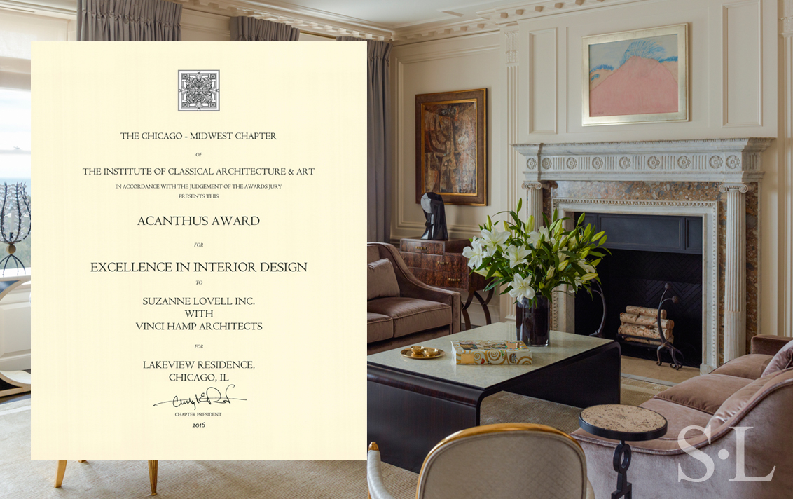 2016 ICAA Acanthus Award for Excellence in Interior Design awarded to Suzanne Lovell Inc. for restoration of Lakeview Residence in Chicago, and view of living room
