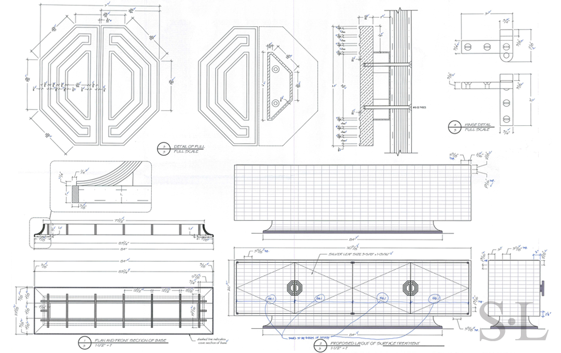 Detailed architectural drawings of award winning custom credenza designed by Suzanne Lovell Inc.