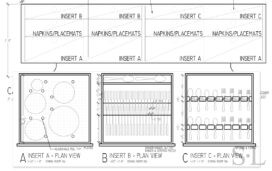 Detailed architectural drawings showing interiors of of award winning custom credenza designed by Suzanne Lovell Inc.