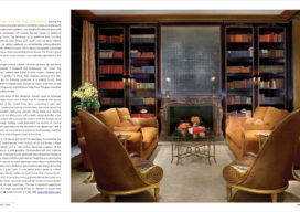 Interiors Magazine spread featuring great room library of Chicago skyline penthouse designed by Suzanne Lovell Inc. in a deep color palette
