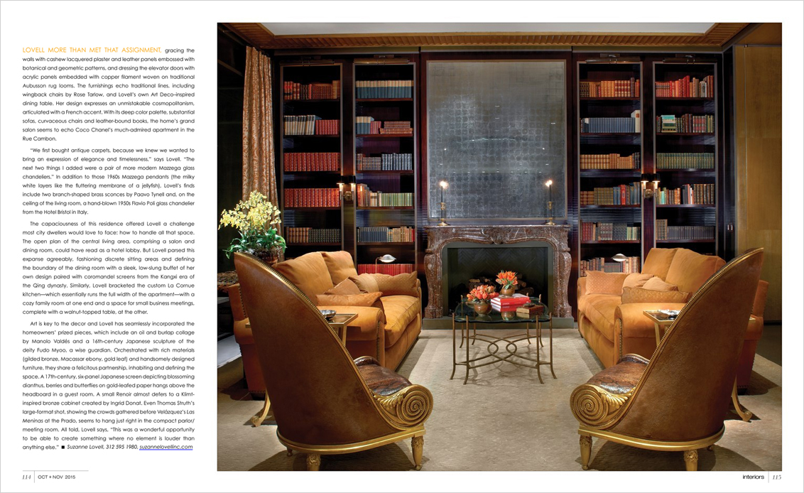 Interiors Magazine spread featuring great room library of Chicago skyline penthouse designed by Suzanne Lovell Inc. in a deep color palette