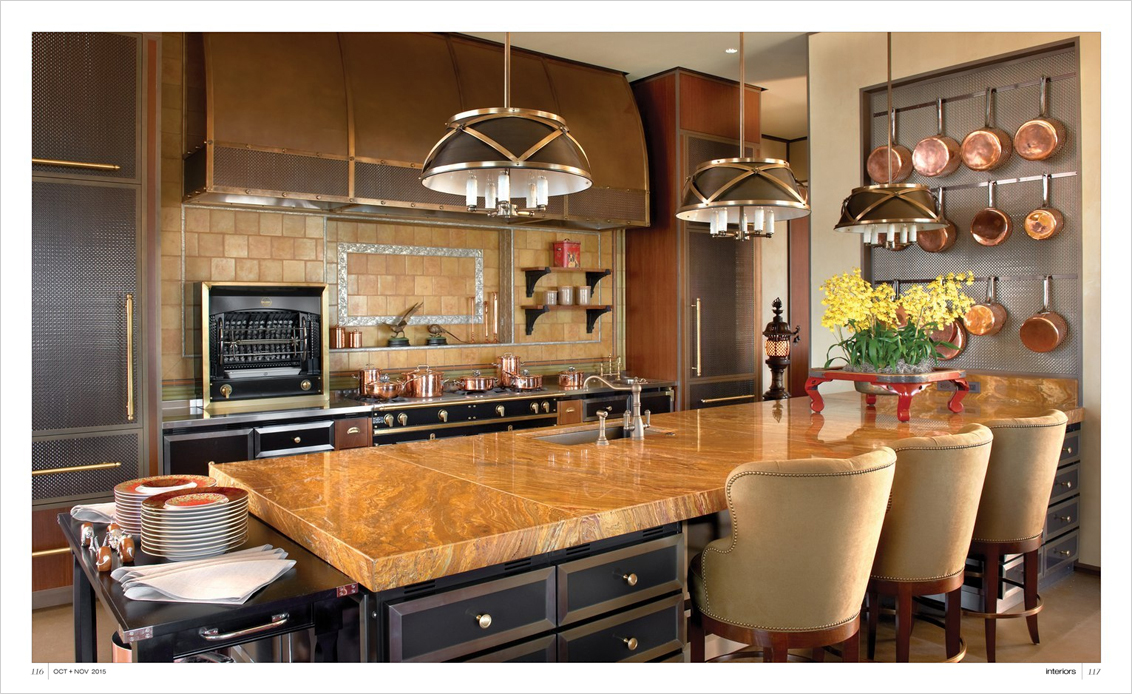 Interiors Magazine spread featuring custom La Cornue kitchen of Chicago skyline penthouse designed by Suzanne Lovell Inc.