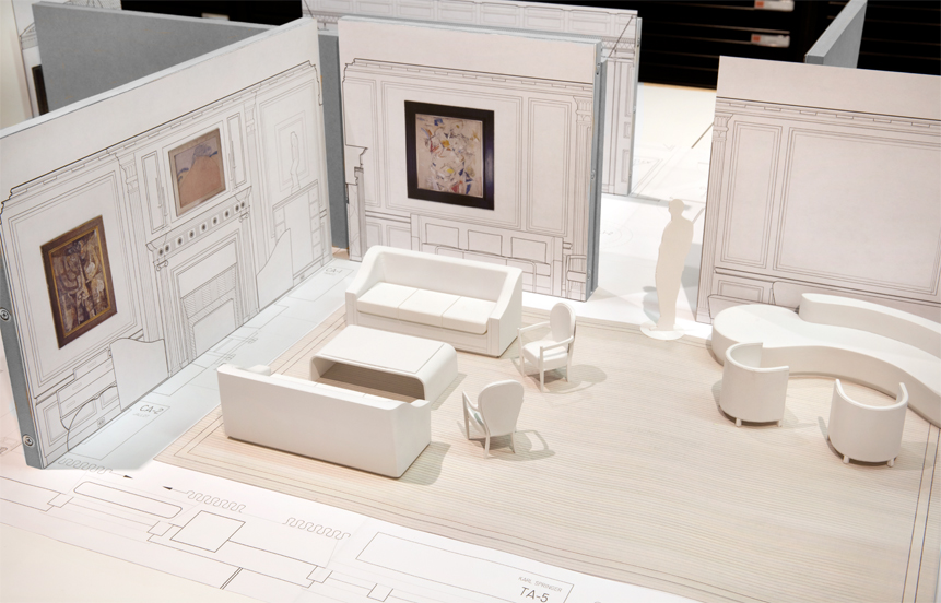 Architectural model showing art and furniture placement to scale in living room of Lakeview Residence interior renovation