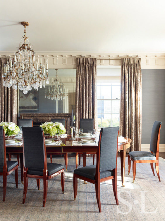 Dining room detail showcasing the antique rock crystal chandelier