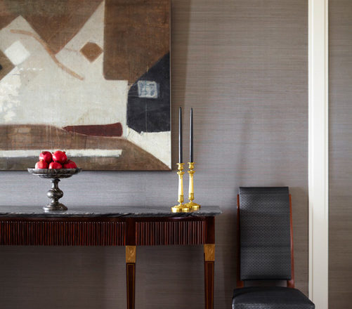 Dining room detail featuring a Buffa sideboard and a painting by Kenzo Okada