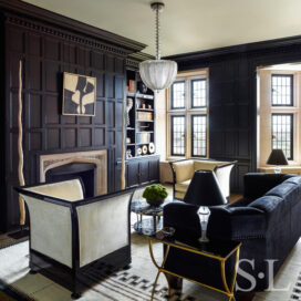 Library luxury interior renovation with English oak paneling stained dark black/brown