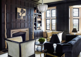 Library luxury interior renovation with English oak paneling stained dark black/brown