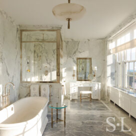 Master bath luxury interior renovation featuring Italian marble