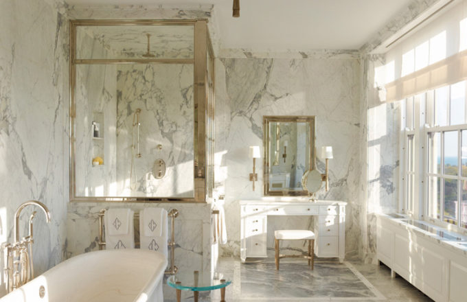 Master bath luxury interior renovation featuring Italian marble