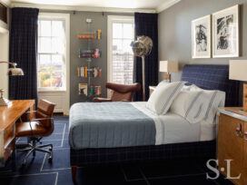 Guest bedroom in blue and grey