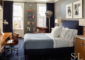 Guest bedroom in blue and grey