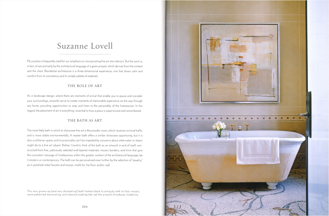 Book spread showing bathroom designed by Suzanne Lovell Inc. with soaking tub, detailed floor mosaic, wave-patterned wainscoting and a modern painting