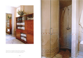 Book spread showing 2 views of bathroom designed by Suzanne Lovell, including a shower with curved walls