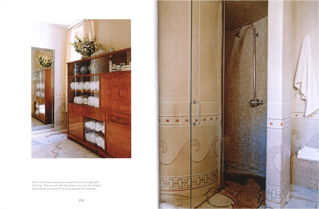 Book spread showing 2 views of bathroom designed by Suzanne Lovell, including a shower with curved walls