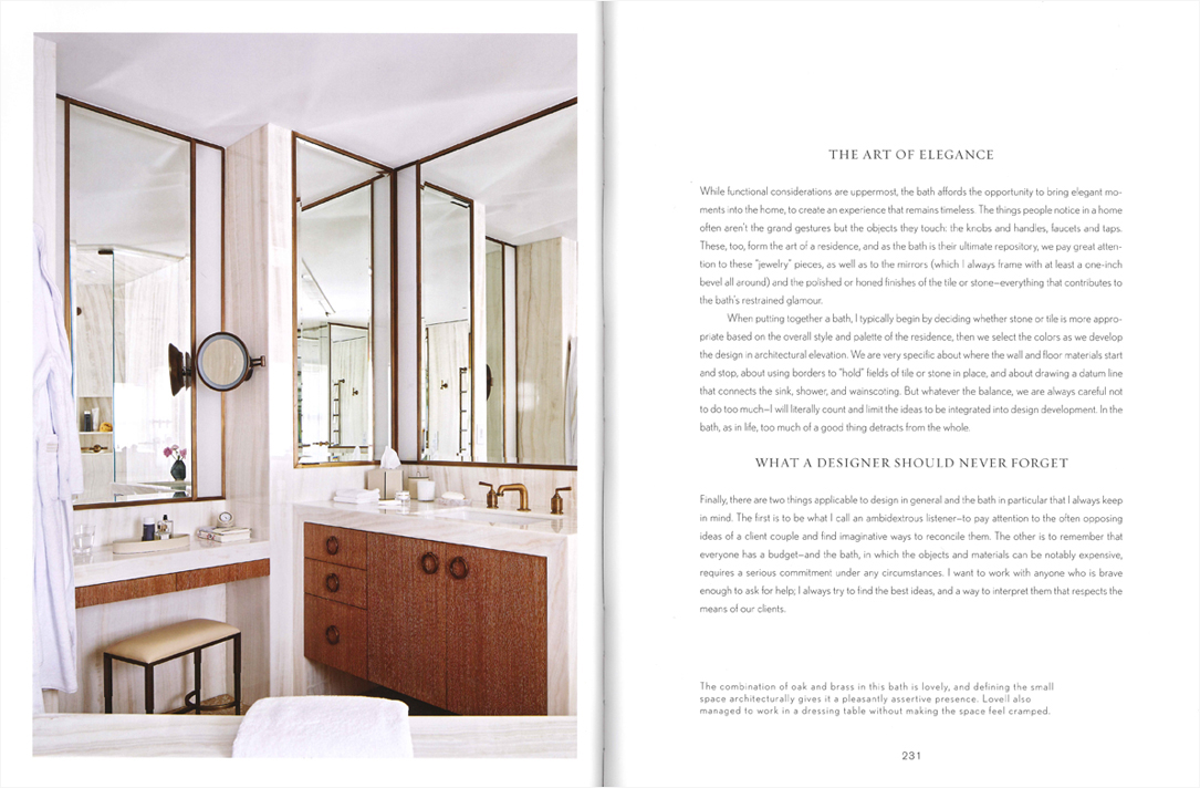 Book spread showing bathroom vanity and dressing table featuring oak and brass designed by Suzanne Lovell Inc.