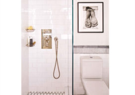 Book spread showing water closet and shower in white and grey designed by Suzanne Lovell Inc.