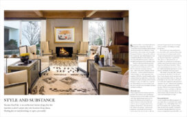 Rolls-Royce book layout featuring contemporary living room in warm neutral palette designed by Suzanne Lovell Inc.