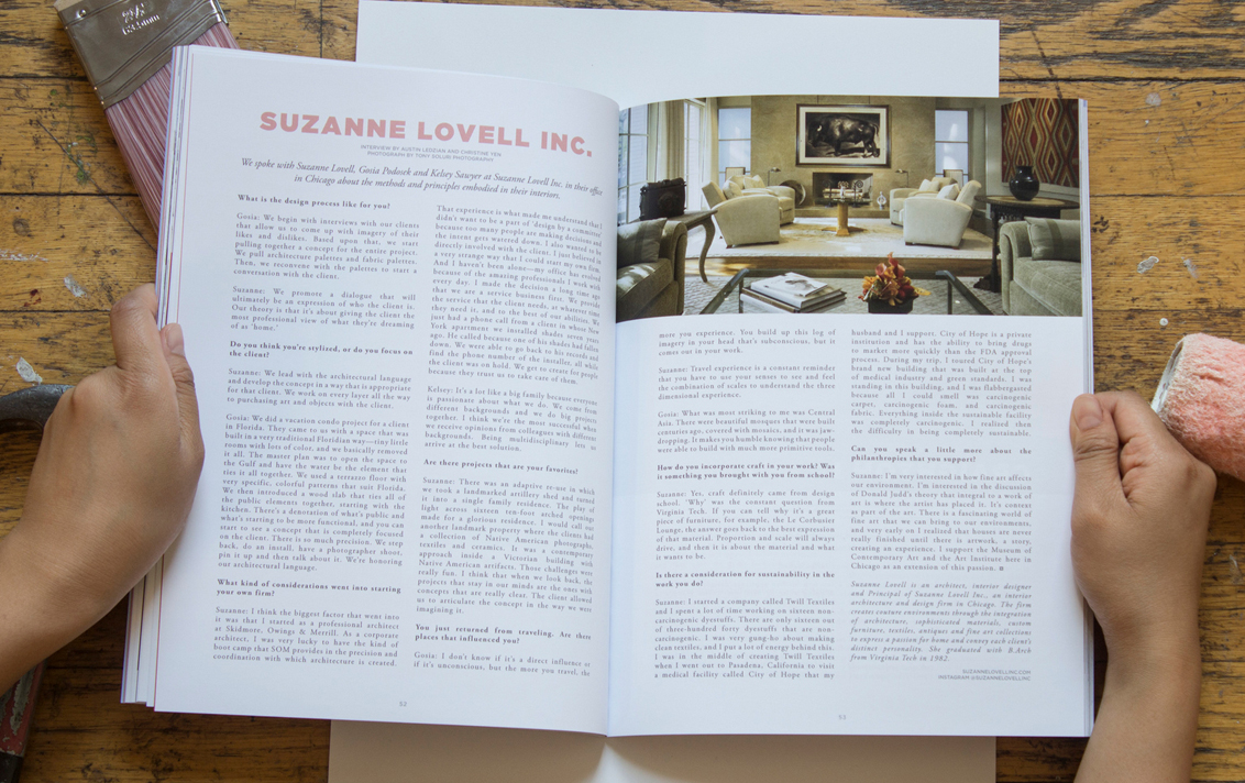 Virginia Tech’s ‘Studio Collective’ magazine spread featuring interview with Suzanne Lovell Inc. and showing a living room that they designed