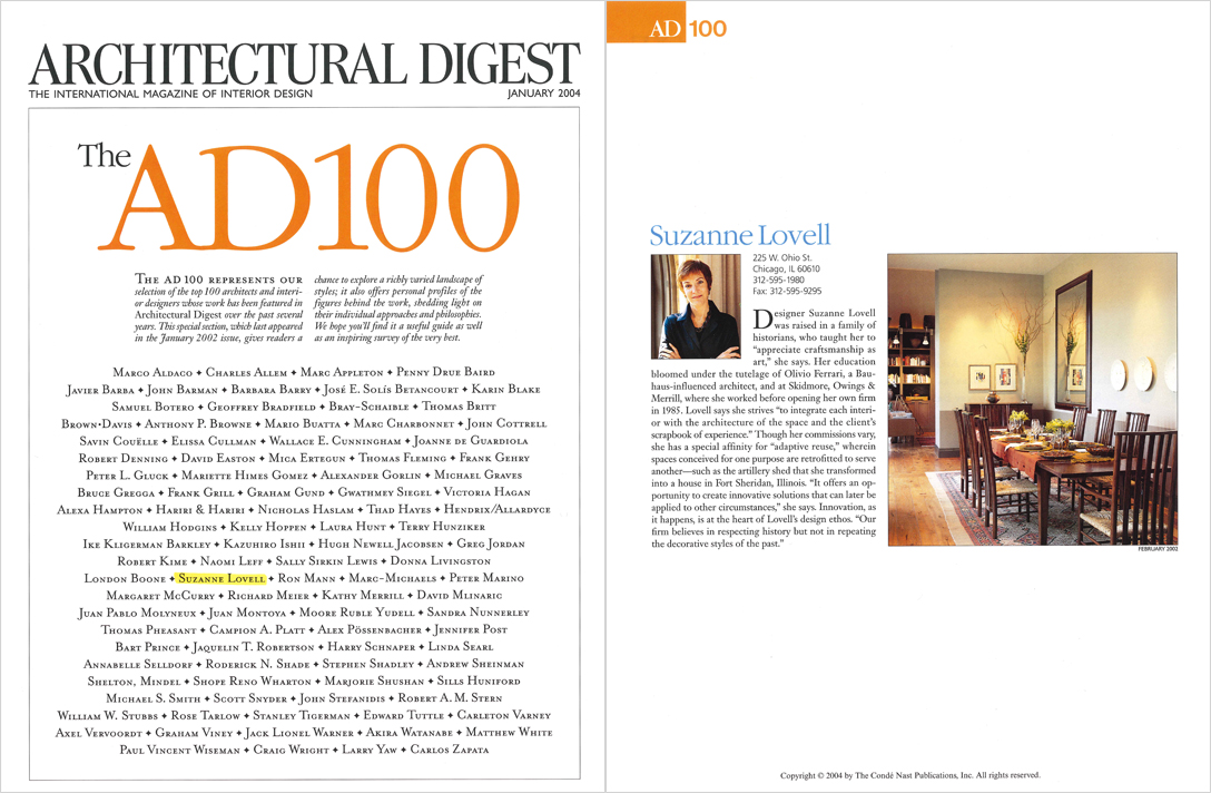 Magazine spread naming Suzanne Lovell to AD100 list, portrait of Suzanne Lovell and dining room of a home she designed