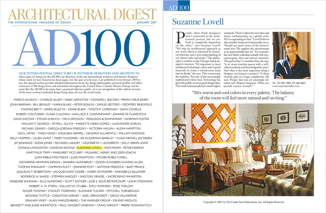 Magazine spread naming Suzanne Lovell to Architectural Digest's AD100, portrait of Suzanne Lovell and photo of a living room that she designed