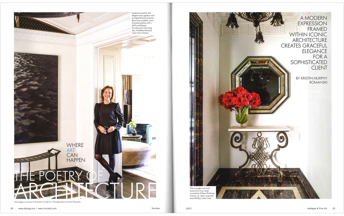 Antiques & Fine Art Magazine 2 page spread of Lakeview Residence, picturing Suzanne Lovell in the Gallery and the entry vestibule