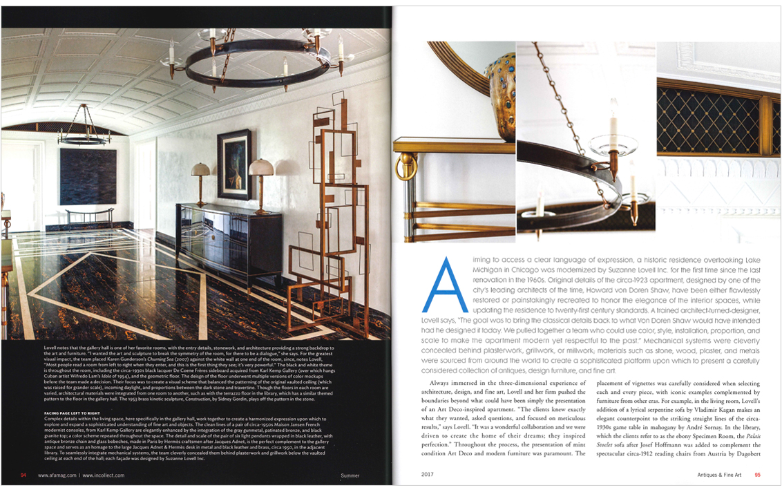 Antiques & Fine Art Magazine 2 page spread of Lakeview Residence, picturing the Gallery and architectural and design details