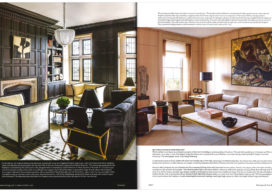 Antiques & Fine Art Magazine 2 page spread of Lakeview Residence, picturing the library in dark English oak paneling and the sitting room in light English sycamore paneling