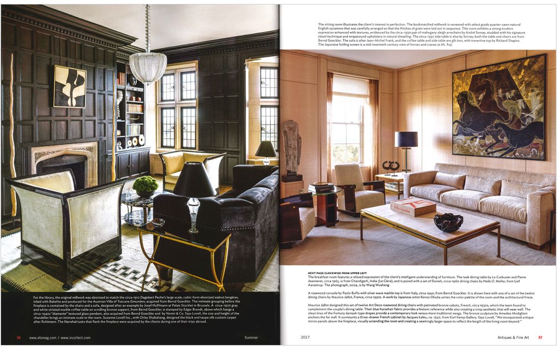 Antiques & Fine Art Magazine 2 page spread of Lakeview Residence, picturing the library in dark English oak paneling and the sitting room in light English sycamore paneling